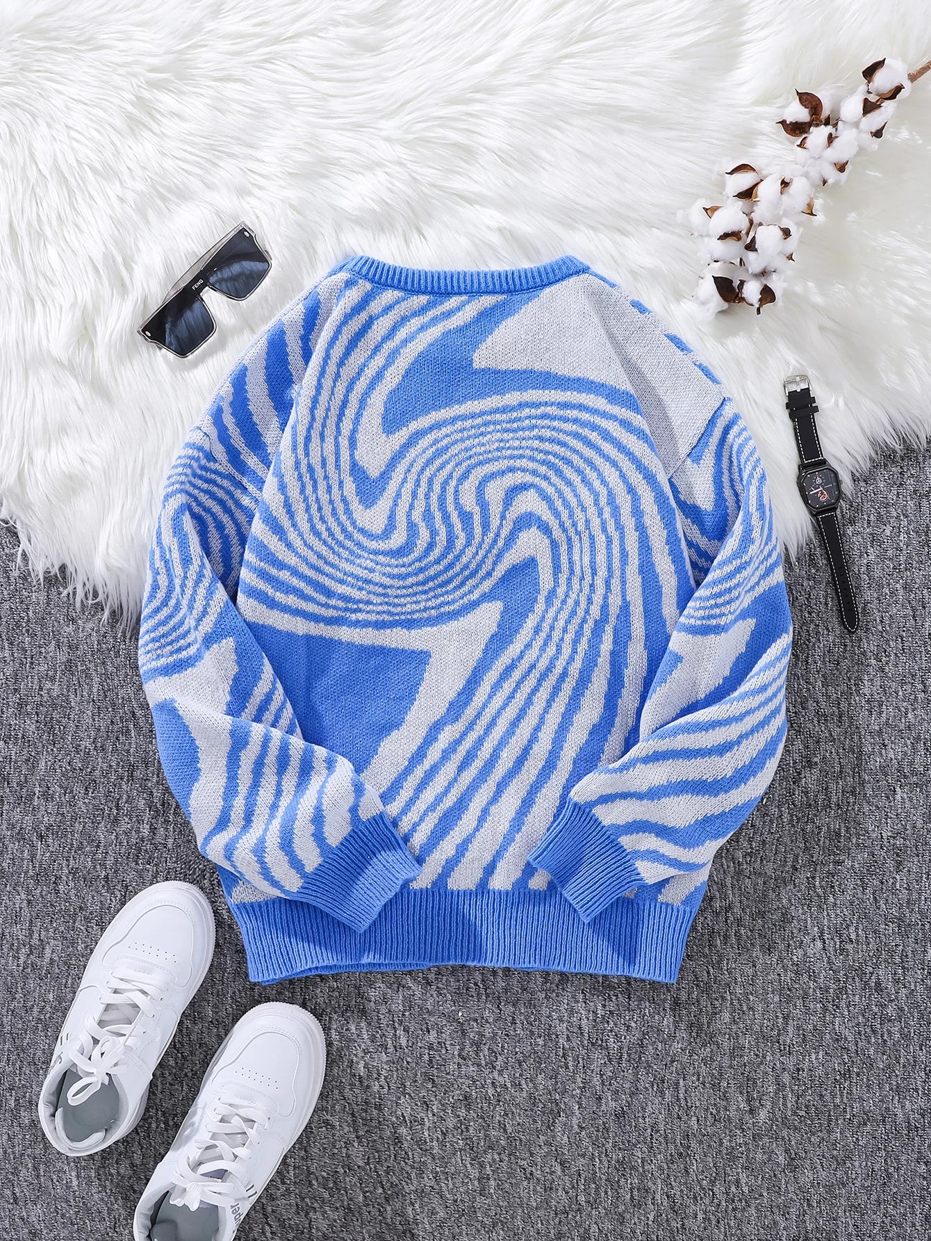 New Popular Autumn and Winter Maze Jacquard Pattern Pullover Sweater Casual Round Neck Contrast Color Knitted Men's Pullover