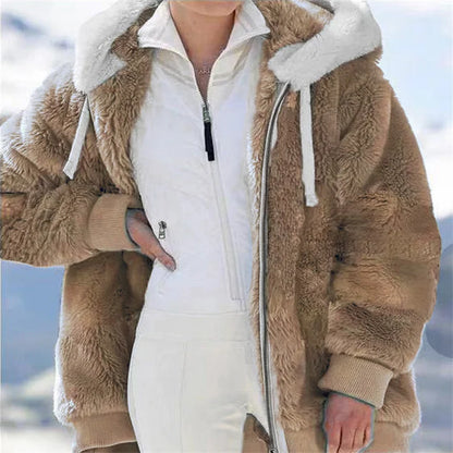 New Autumn/Winter Loose Plush Zipper Hooded Coat for Women