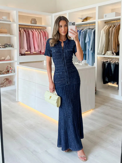 Summer Luxury Navy Blue Tweed Knit Maxi Dress Women Elegant Short Sleeve Button Front Pocket Mermaid Hem Formal Party Outfit New