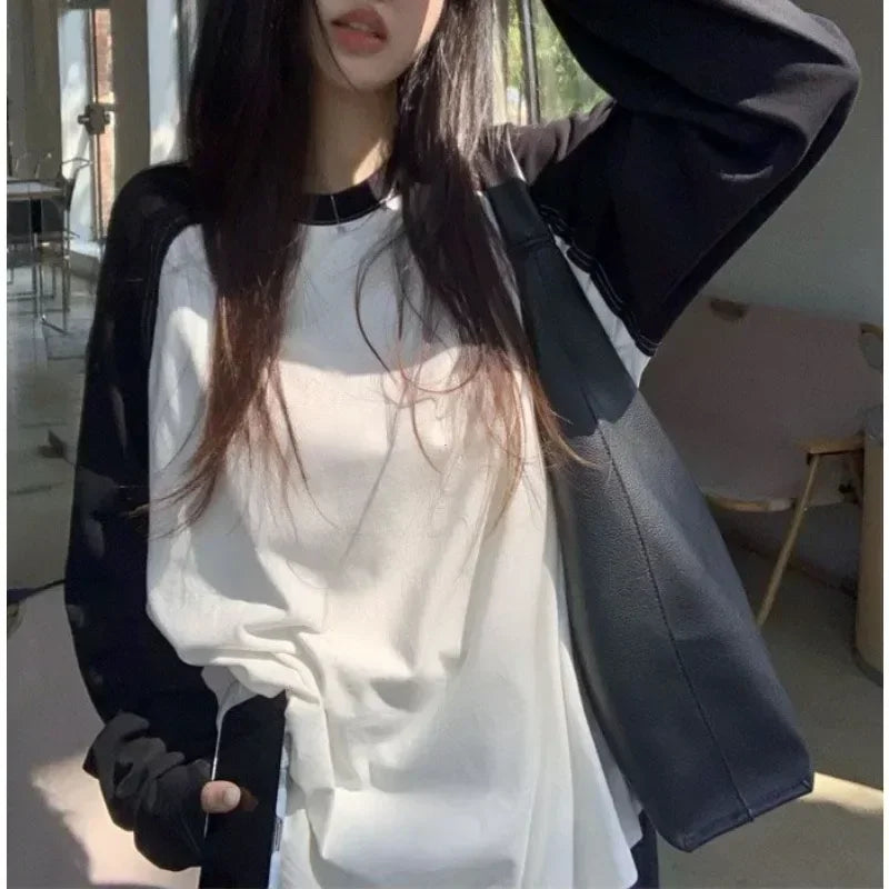 Casual Oversized T Shirt Y2k Tops Harajuku Long Sleeve O-Neck T-Shirts Spring Autumn Black White Patchwork Tees Women Streetwear