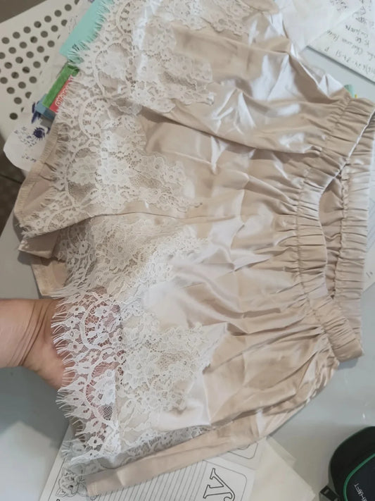 Y2k Coquette Lounge Slip Pajamas Shorts French Knickers Women Satin Silk Shorts Vintage Lace Trim Mini Micro Shorts Bottoms