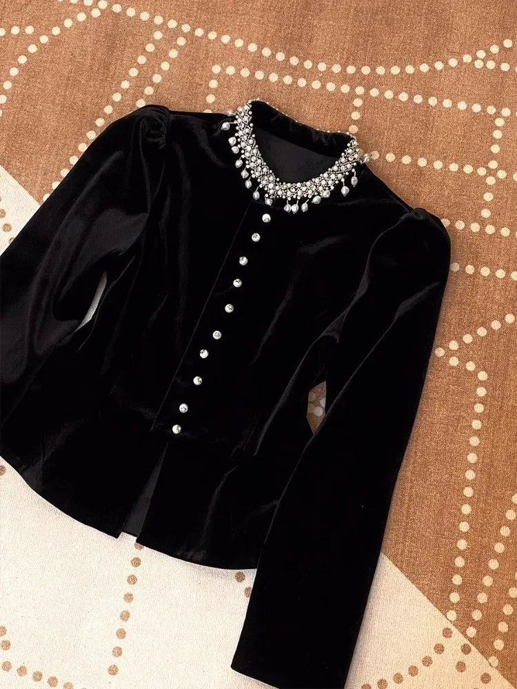 Blouses for Women Black Heavy Beading O-neck Puff Sleeve Shirts 2025 Blusas Mujer De Moda Slim Fit Velvet Vintage Blouse Tops