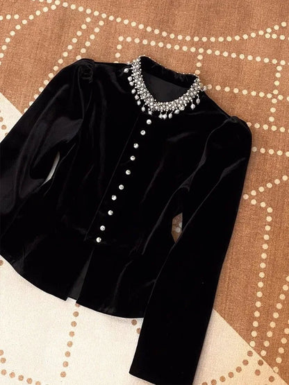 Blouses for Women Black Heavy Beading O-neck Puff Sleeve Shirts 2025 Blusas Mujer De Moda Slim Fit Velvet Vintage Blouse Tops