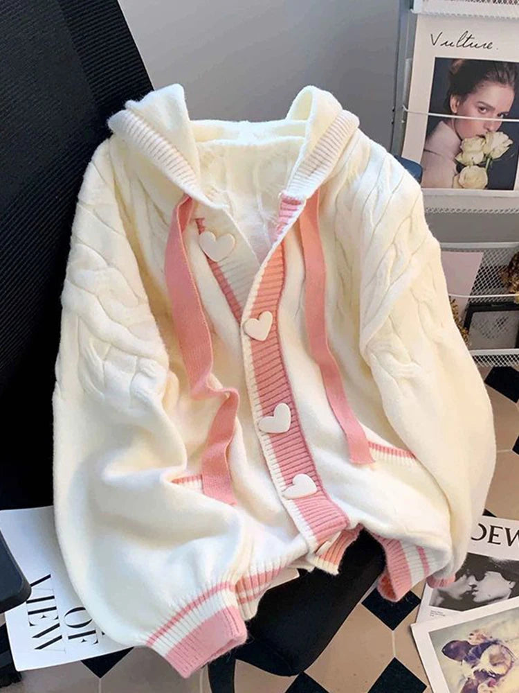 Cute Sweet Cardigan Sweaters Women Lazy Wind White Knitted Coats Long Sleeve Loose Female Japan Kawaii Elegant Hooded Tops