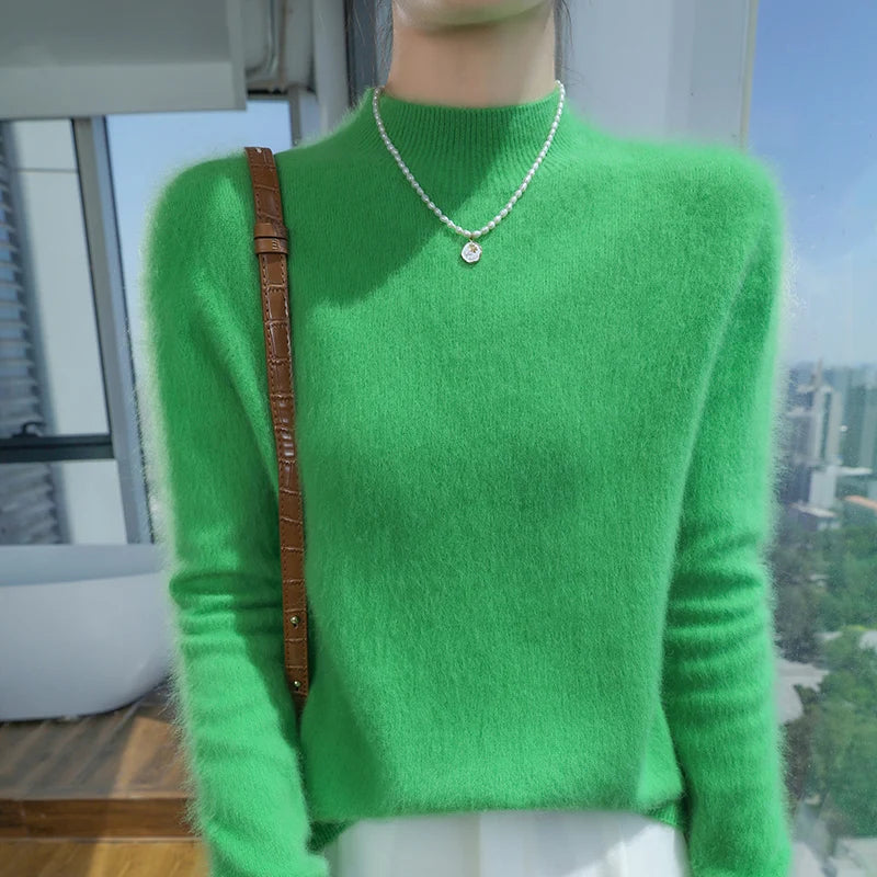 100% Pure Mink Cashmere Knitted Sweater Women's Semi-High Neck Loose Pullovers Casual Joker Warm Bottoming Shirt Autumn Blouse