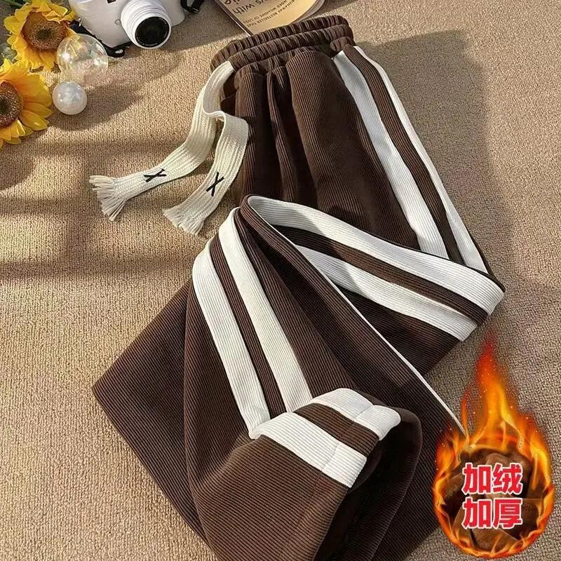 Thickened Fleece Corduroy Pants High Waist Loose Straight Leg Striped High School Students Autumn Winter Fashion Brand Teenag...