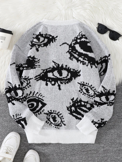 New Popular Autumn and Winter Abstract Eye Jacquard Pattern Pullover Sweater Casual Round Neck Knitted Men's Pullover