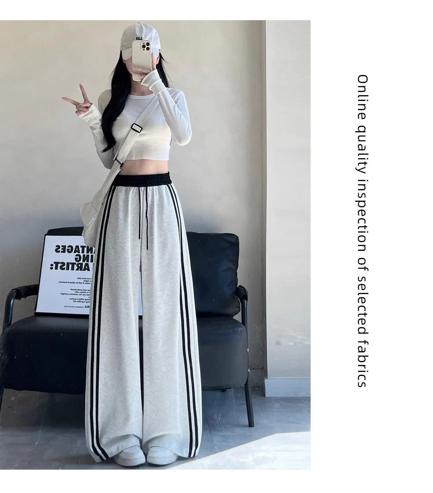 High Waist Wide Leg Pants Women's Spring Autumn New Style Loose American Knife Edge Sports Trousers Color Block Striped
