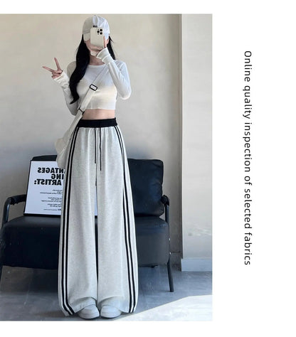 High Waist Wide Leg Pants Women's Spring Autumn New Style Loose American Knife Edge Sports Trousers Color Block Striped