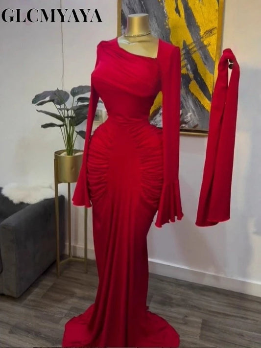 CM.YAYA Women Skew Neck Flare Long Sleeve Ruched Stacked Maxi Long Dress Fall Birthday Evening Sexy Party Dresses with Scarf
