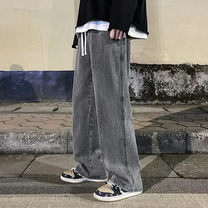 New Streetwear Loose Jeans Men Korean Style Fashion Loose Straight Wide Leg Pants Men's Brand Clothing Black Light Blue
