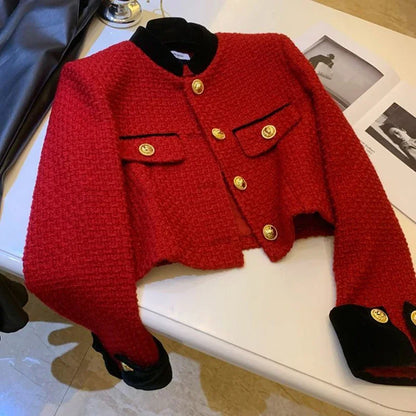 Fashion Stitching Tweed Short Jacket Women Autumn Winter Elegant Office Lady Coat Y2K Korean O Neck Single Breasted Crop Outwear