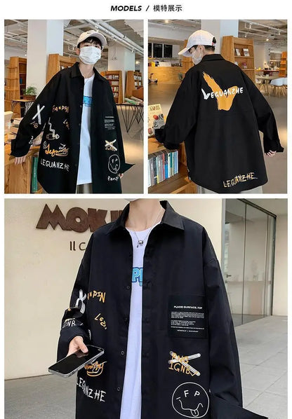 Spring Autumn New Print Graffiti Casual Loose Blouse Man Long Sleeve Korean Style Harajuku Streetwear Shirt Male Fashion Clothes