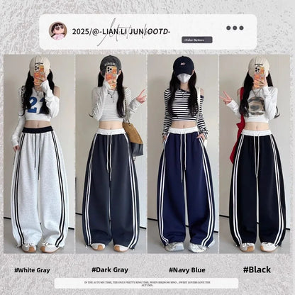 High Waist Wide Leg Pants Women's Spring Autumn New Style Loose American Knife Edge Sports Trousers Color Block Striped