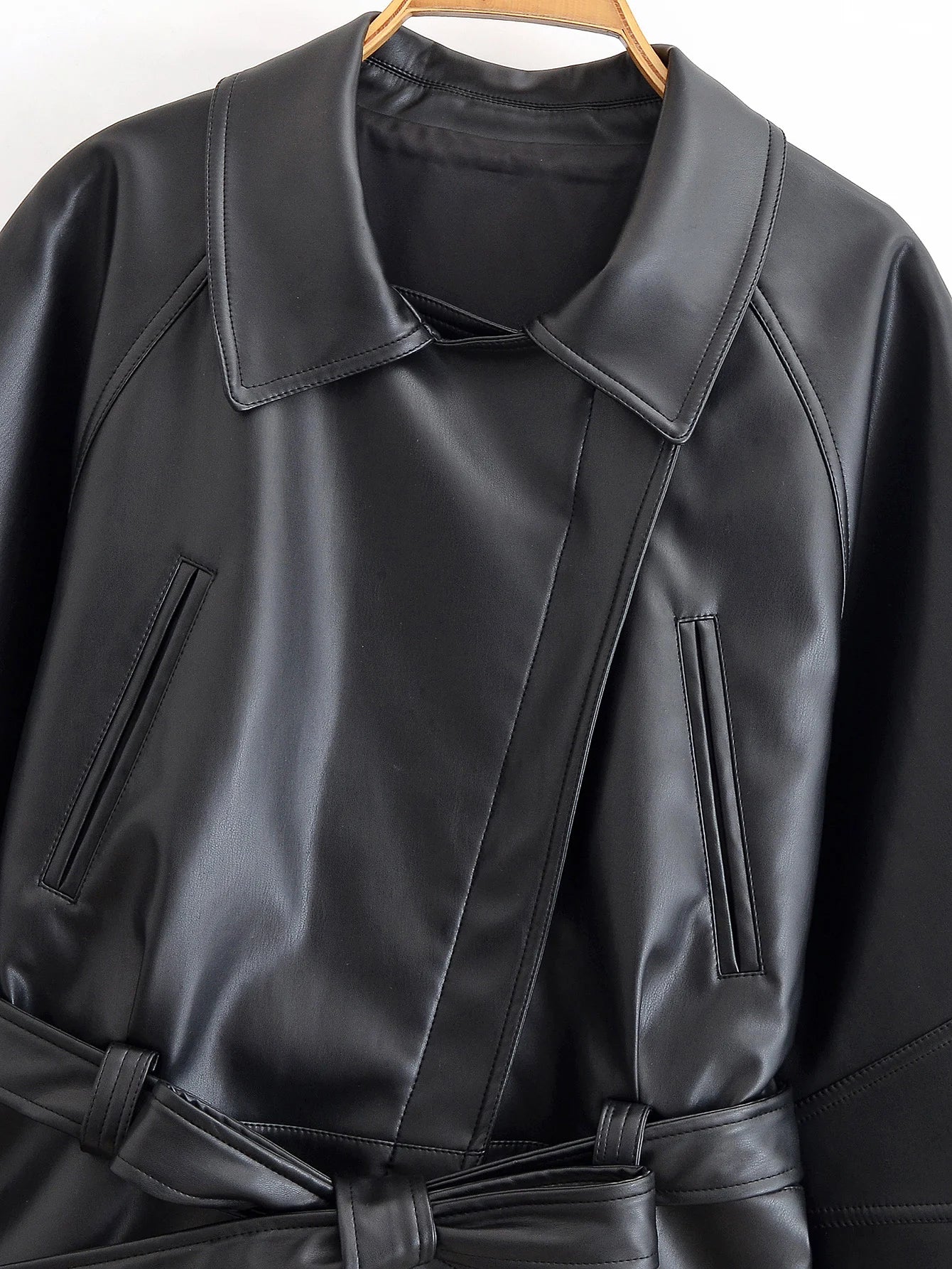 HH Women Vintage Motorcycle Jacket With Belt Faux Leather Trench Coat Long Sleeve Lapel Zipper Jacket Autumn High Street Outwear