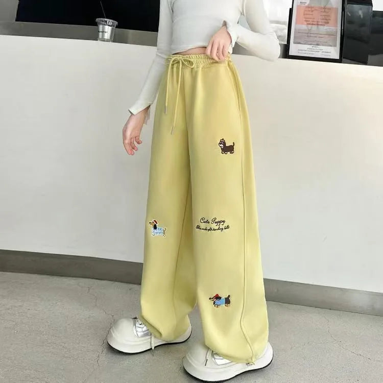 RAISE YOUNG 4-14Y Girls Sweatpant Side Striped Junior Girl Sports Pant Elastic Waist School Girl Straight Pant Dog Print Trouser