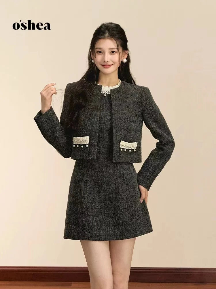 Fashion Design Nail Beads Sleeveless Dress Women 2024 New Autumn Short A-line Skirt Coat Set Women Commit Sexy Two Piece
