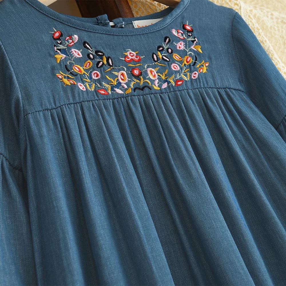 Bear Leader Korean Version Long Sleeve Blue Girls dresses on clearance sale Autumn Imitation Denim Flower Embroidery Dress