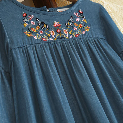 Bear Leader Korean Version Long Sleeve Blue Girls dresses on clearance sale Autumn Imitation Denim Flower Embroidery Dress