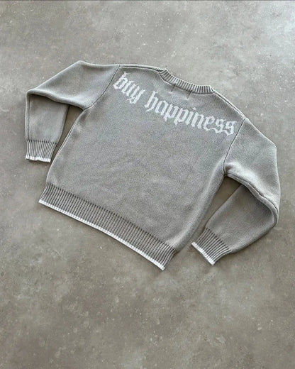 Y2K Round Neck Gray Knitted Sweater New Popular Symbol Pattern Retro Harajuku Pullover Autumn Winter Warm Boxy Men's Clothing