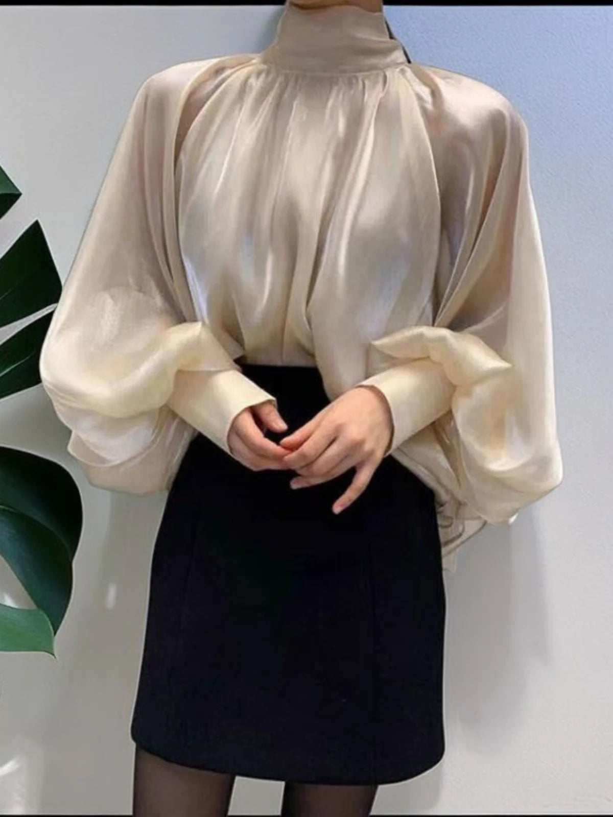 Ele Women's irt Design Spring Season Sa  Knot Chiffon Lantern Sve Top French Sle Loose Fit Long Sve