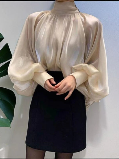 Ele Women's irt Design Spring Season Sa  Knot Chiffon Lantern Sve Top French Sle Loose Fit Long Sve