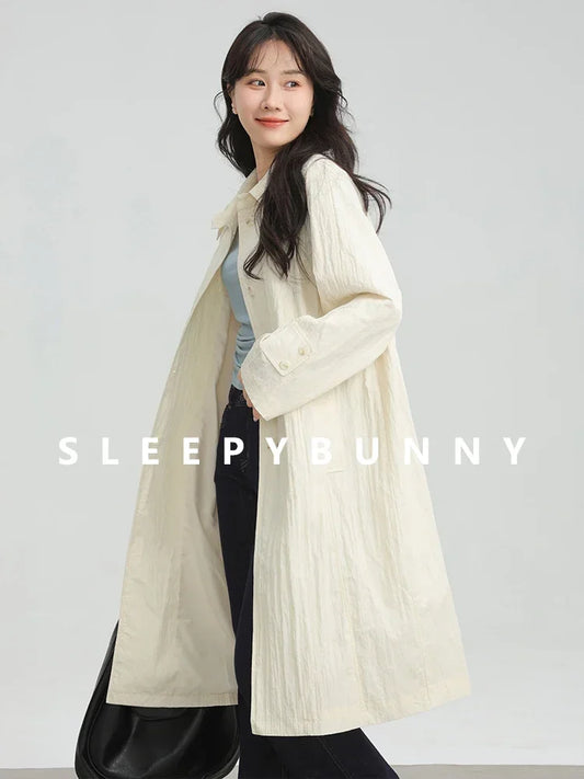 Wrinkled Double Cuff Belted Sleeve Trench Coat Women Loose Fit Lapel Collar Outerwear 2025 Casual Mid-Length Stylish Overcoat