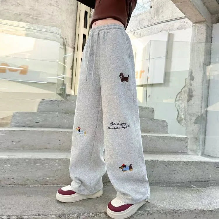 RAISE YOUNG 4-14Y Girls Sweatpant Side Striped Junior Girl Sports Pant Elastic Waist School Girl Straight Pant Dog Print Trouser