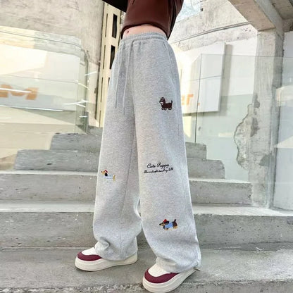 RAISE YOUNG 4-14Y Girls Sweatpant Side Striped Junior Girl Sports Pant Elastic Waist School Girl Straight Pant Dog Print Trouser
