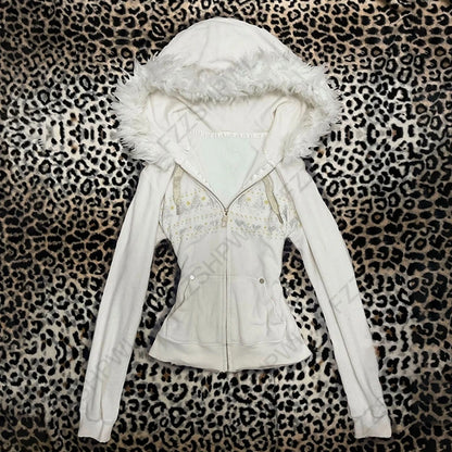 Y2K Harajuku Gothic Women's Hoodie Sexy Slim Chic Suede Fur Collar Letter Print Cardigan Sweatshirt Aesthetic Female Streetwear