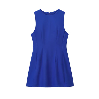 ETJ2025 summer new  women's ZW series elegant simple classic puffy round neck sleeveless waist short dress