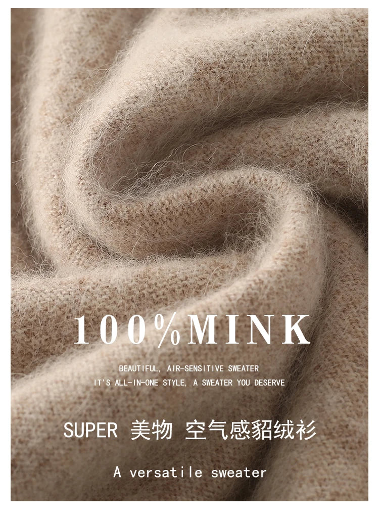 100% Pure Mink Cashmere Knitted Sweater Women's Semi-High Neck Loose Pullovers Casual Joker Warm Bottoming Shirt Autumn Blouse