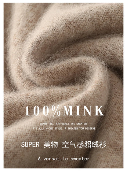 100% Pure Mink Cashmere Knitted Sweater Women's Semi-High Neck Loose Pullovers Casual Joker Warm Bottoming Shirt Autumn Blouse
