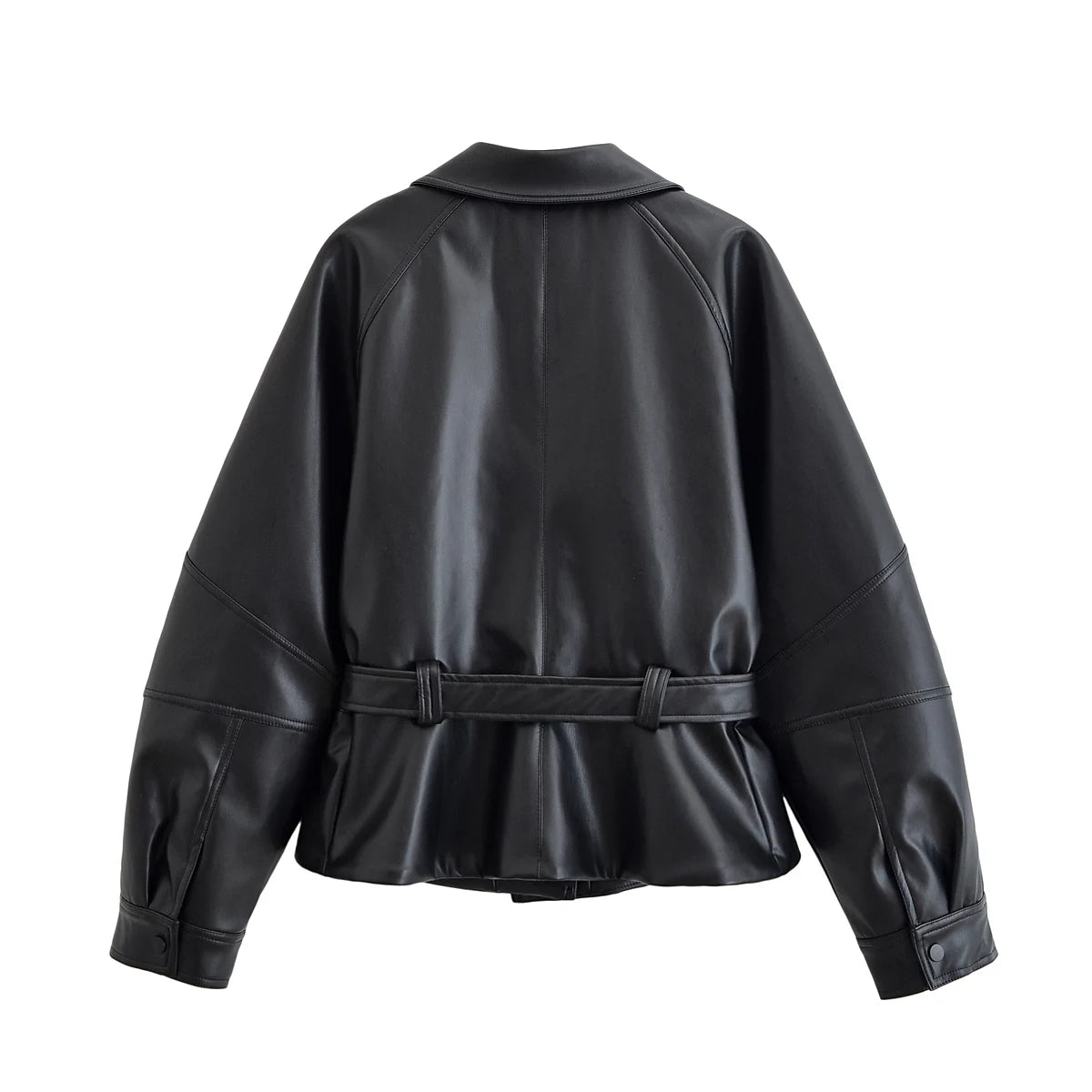 HH Women Vintage Motorcycle Jacket With Belt Faux Leather Trench Coat Long Sleeve Lapel Zipper Jacket Autumn High Street Outwear