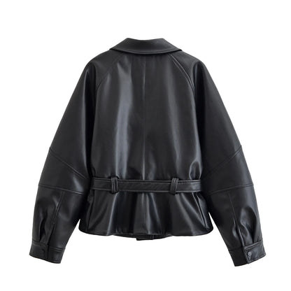 HH Women Vintage Motorcycle Jacket With Belt Faux Leather Trench Coat Long Sleeve Lapel Zipper Jacket Autumn High Street Outwear