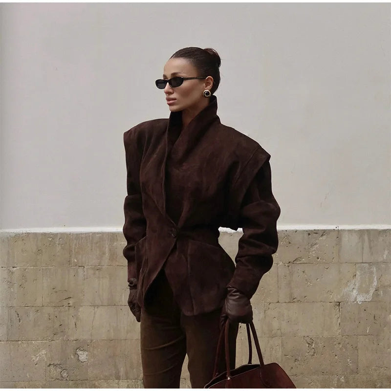 Single Breasted Buckle Casual Suede Jacket Women Chic Shoulder Pad Full Sleeve Lapel Slim Coat Autumn Lady New Highstreet Wear