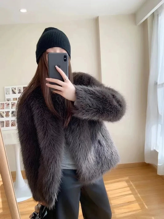 Winter Jacket New Furry Coat Womens Clothing Slim Fur One lmitation Fox Fur Jacket V-neck High Grade Loose Casual Top Womens