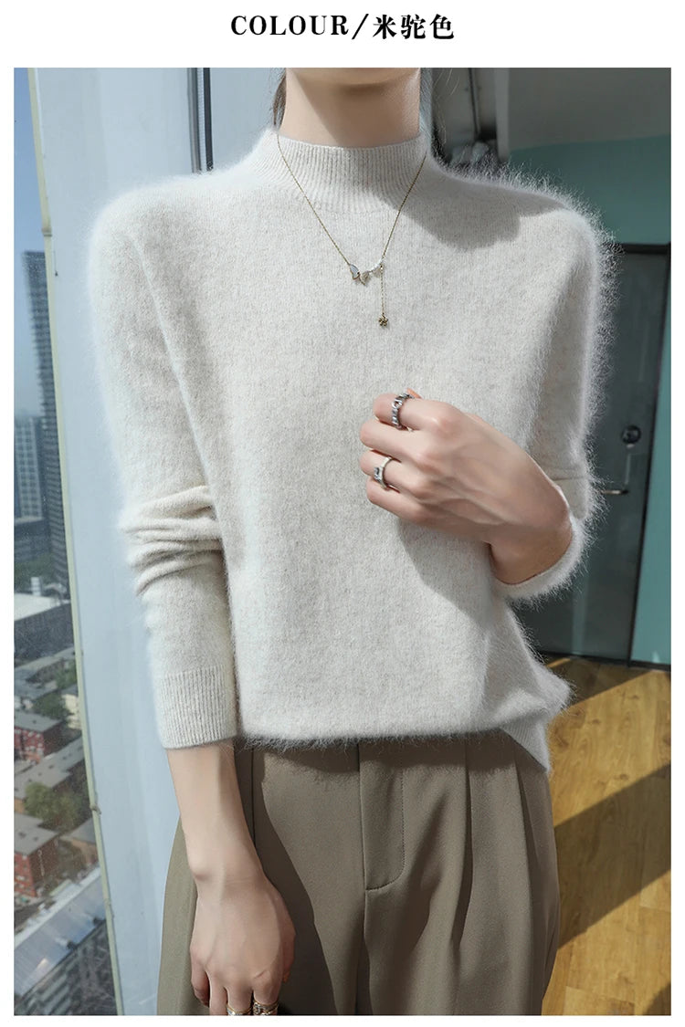 100% Pure Mink Cashmere Knitted Sweater Women's Semi-High Neck Loose Pullovers Casual Joker Warm Bottoming Shirt Autumn Blouse