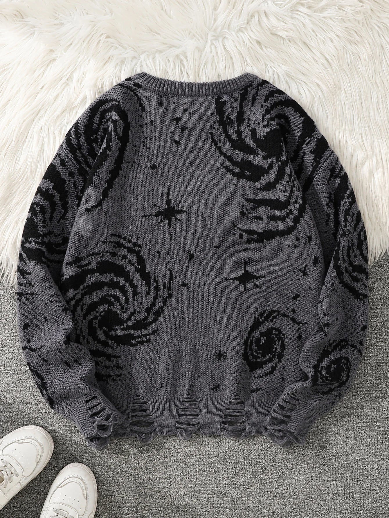 New Trendy Street Style Ripped Abstract Starry Sky Pattern Pullover Ripped Sweater Casual Crew Neck Knitted Men's Pullover