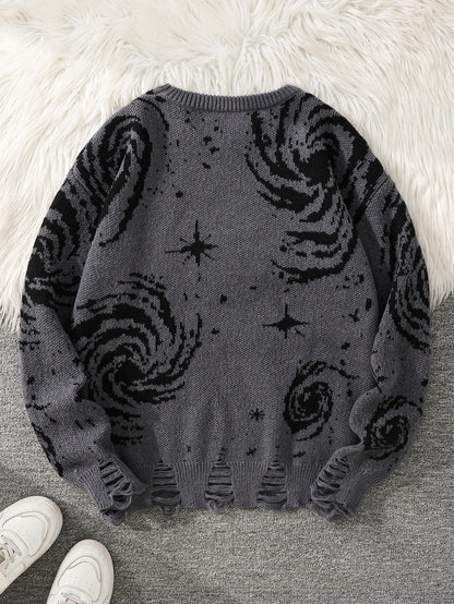 New Trendy Street Style Ripped Abstract Starry Sky Pattern Pullover Ripped Sweater Casual Crew Neck Knitted Men's Pullover