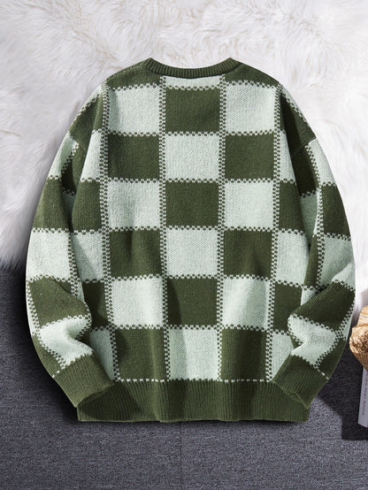 Retro Trendy Plaid Jacquard Pattern Pullover Sweater Casual Round Neck Color-Block Knit Men's Pullover
