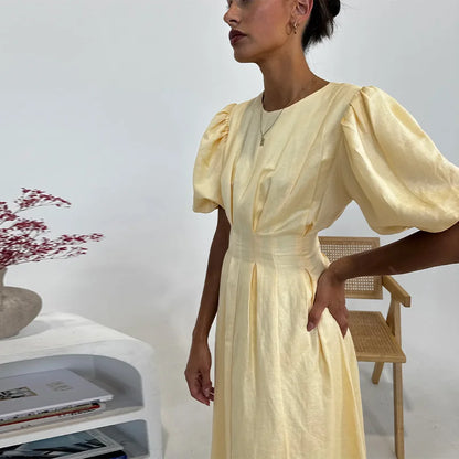 Casual Yellow Short Puff Sleeve Women Dress Loose Solid O-neck Pleated High Waist Female Maxi Dresses 2025 Summer Chic Lady Robe