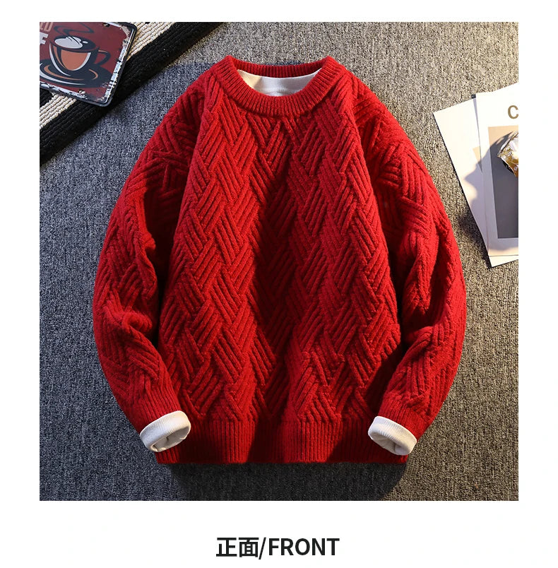 Knit Sweater Men Cable Pullover New Autumn Winter Diamond Pattern Loose Fit Solid Fashion Casual Streetwear Crew Neck Sweaters
