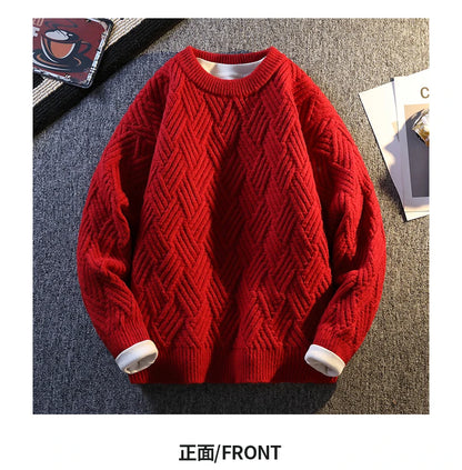 Knit Sweater Men Cable Pullover New Autumn Winter Diamond Pattern Loose Fit Solid Fashion Casual Streetwear Crew Neck Sweaters