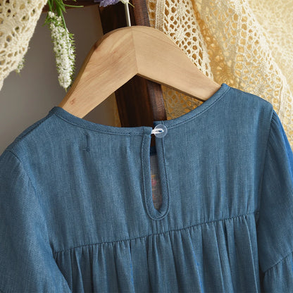 Bear Leader Korean Version Long Sleeve Blue Girls dresses on clearance sale Autumn Imitation Denim Flower Embroidery Dress