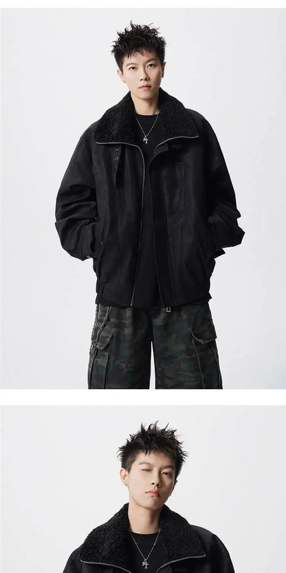 WTHT Fashion Men‘s Plush Spliced Thicken Design Loose Coats Trendy 2025 Autumn Solid Color Laple Casual Jackets Male 2A2218