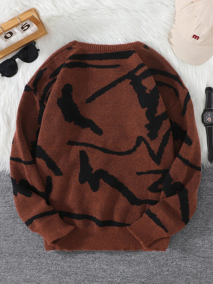 New Popular Spring Autumn Graffiti Jacquard Pattern Pullover Sweater Casual Round Neck Contrast Color Knitted Men's Pullover