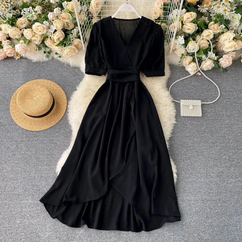 Women's Dress Spring New Temperament V-neck Solid Color Bubble Short-sleeved Irregular Ruffle Edge Lacing Dress Leisure Vestidos
