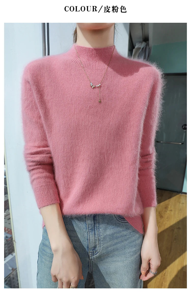 100% Pure Mink Cashmere Knitted Sweater Women's Semi-High Neck Loose Pullovers Casual Joker Warm Bottoming Shirt Autumn Blouse