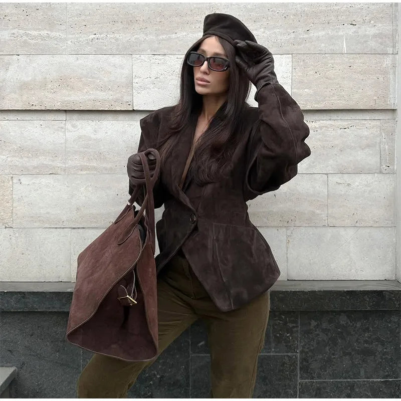 Single Breasted Buckle Casual Suede Jacket Women Chic Shoulder Pad Full Sleeve Lapel Slim Coat Autumn Lady New Highstreet Wear